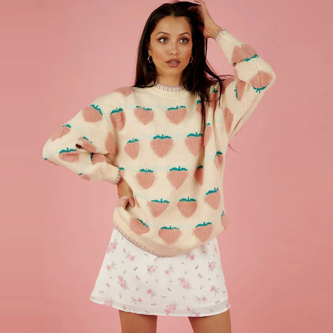 Strawberry Crew Neck Knit Pullover Sweater - Pink - Image 3