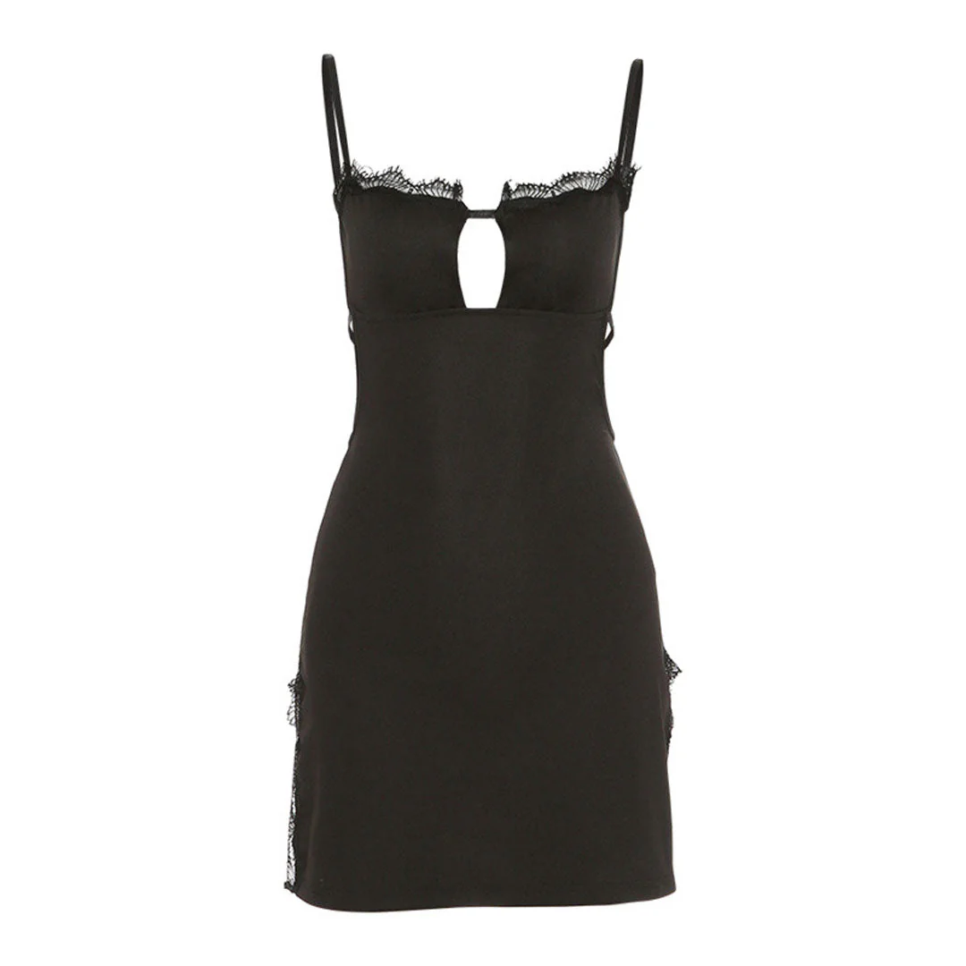 Alluring Eyelash Lace Trim Backless Split Club Mini Dress - Black - Image 3
