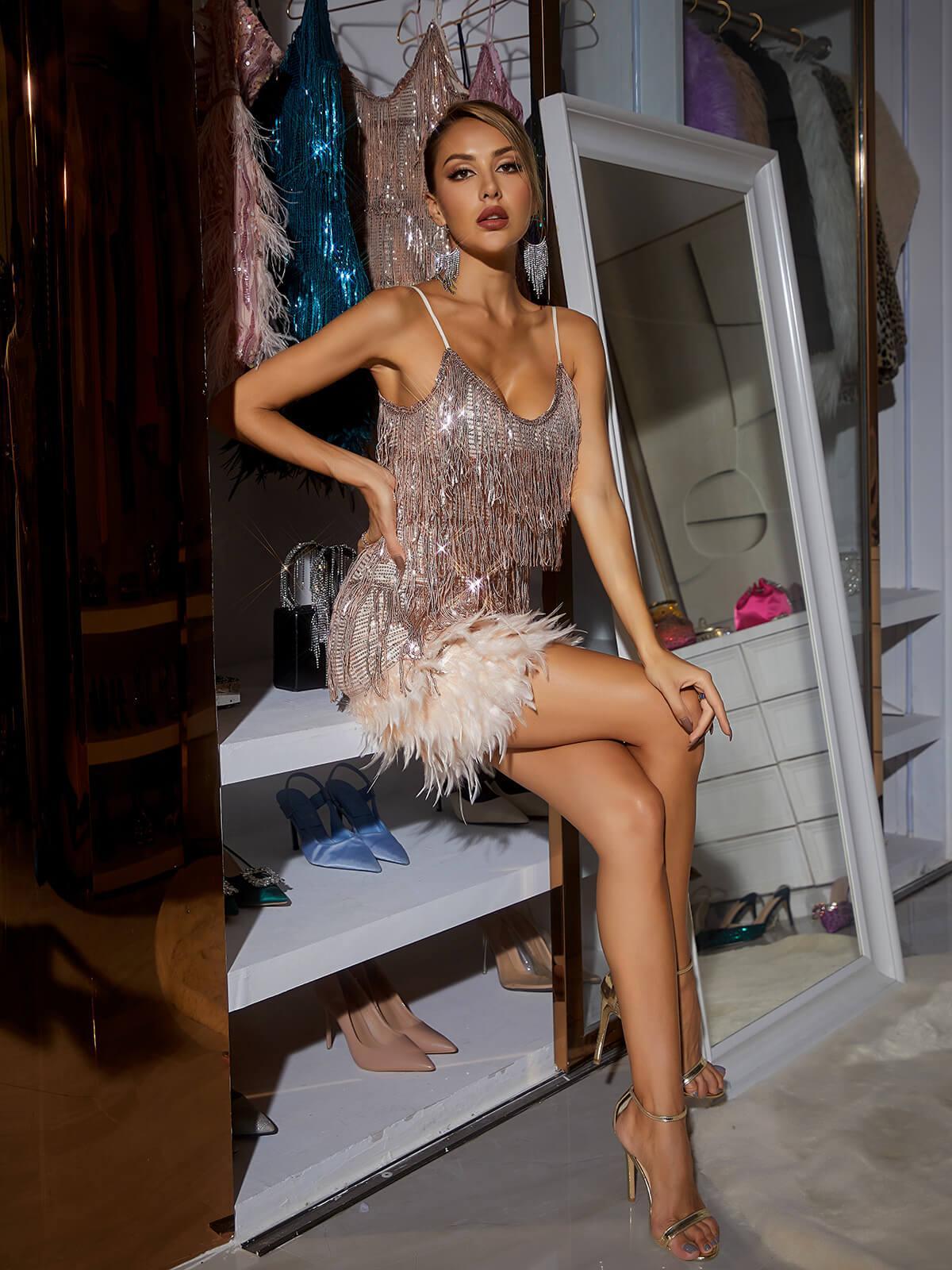 Austyn Tassel Feather Mini Dress In Champagne - Image 4