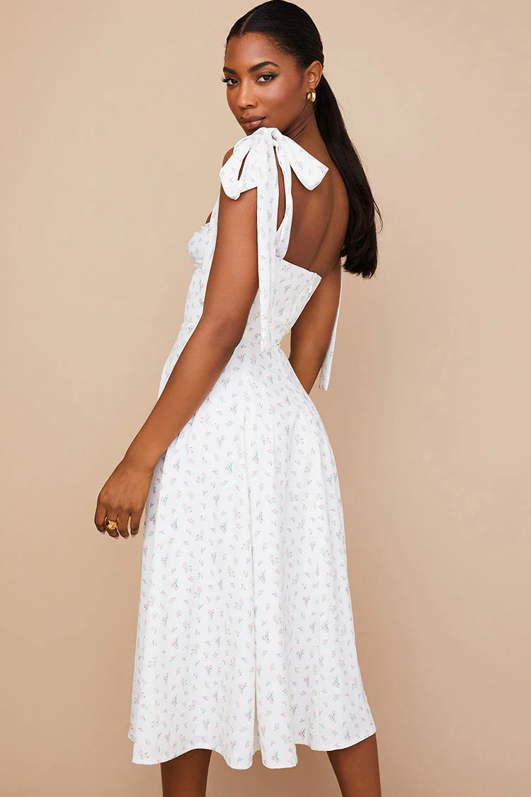 Ditsy Floral Tie Strap Fit & Flare High Slit Slip Midi Sun Dress - Red - Image 3