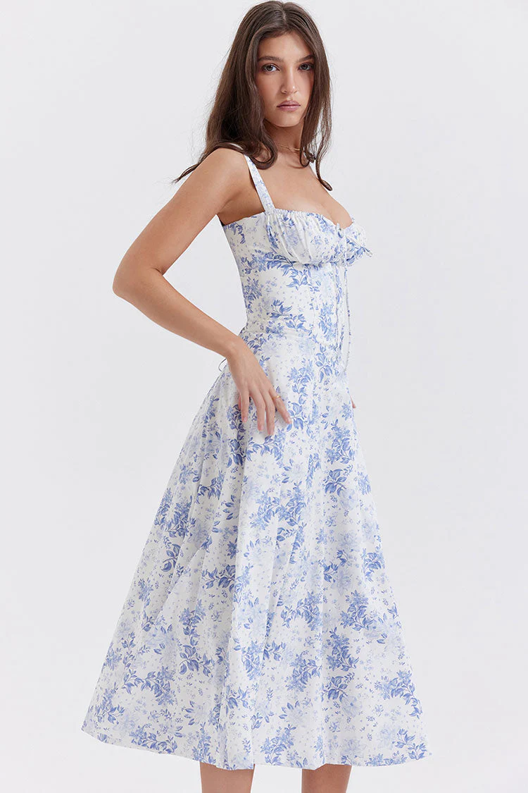 Floral Tie Front Lace Up Back Fit & Flare Split Midi Sundress - Blue - Image 3