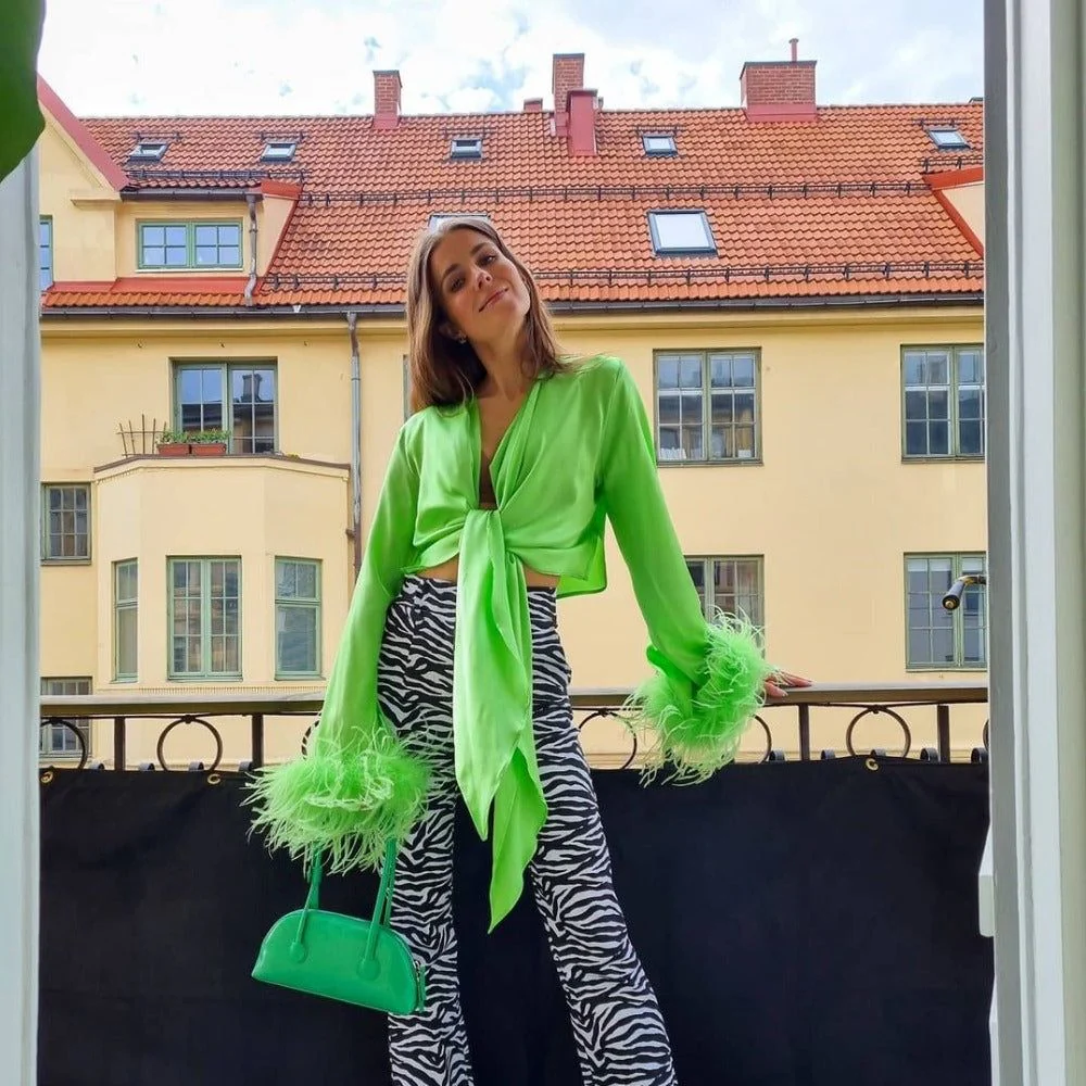 Good Vibes Feather Long Sleeve Satin Top - Image 9