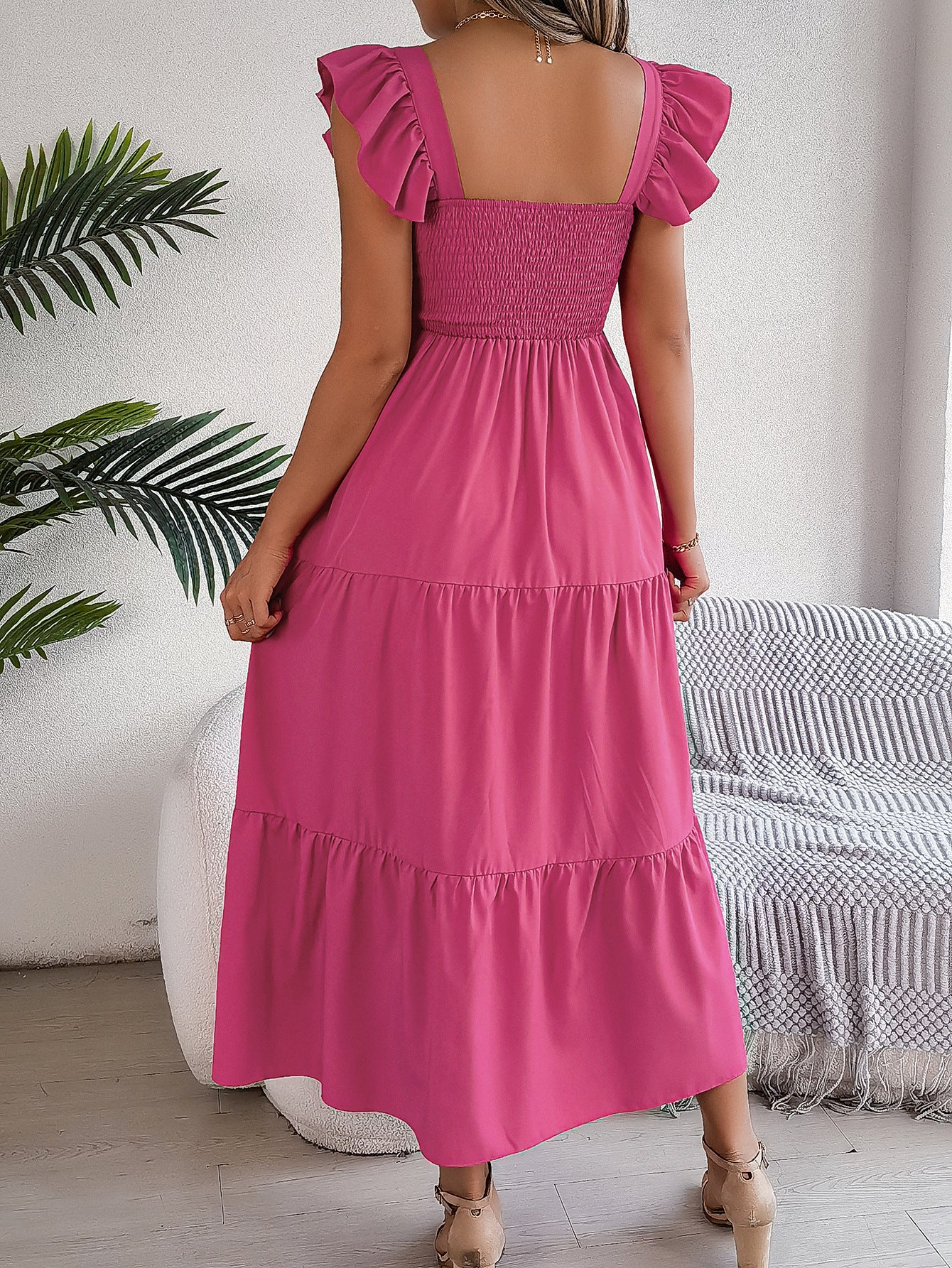 Ruffle Off The Shoulder Embroidered Floral Tiered Maxi Dress - Rose - Image 6