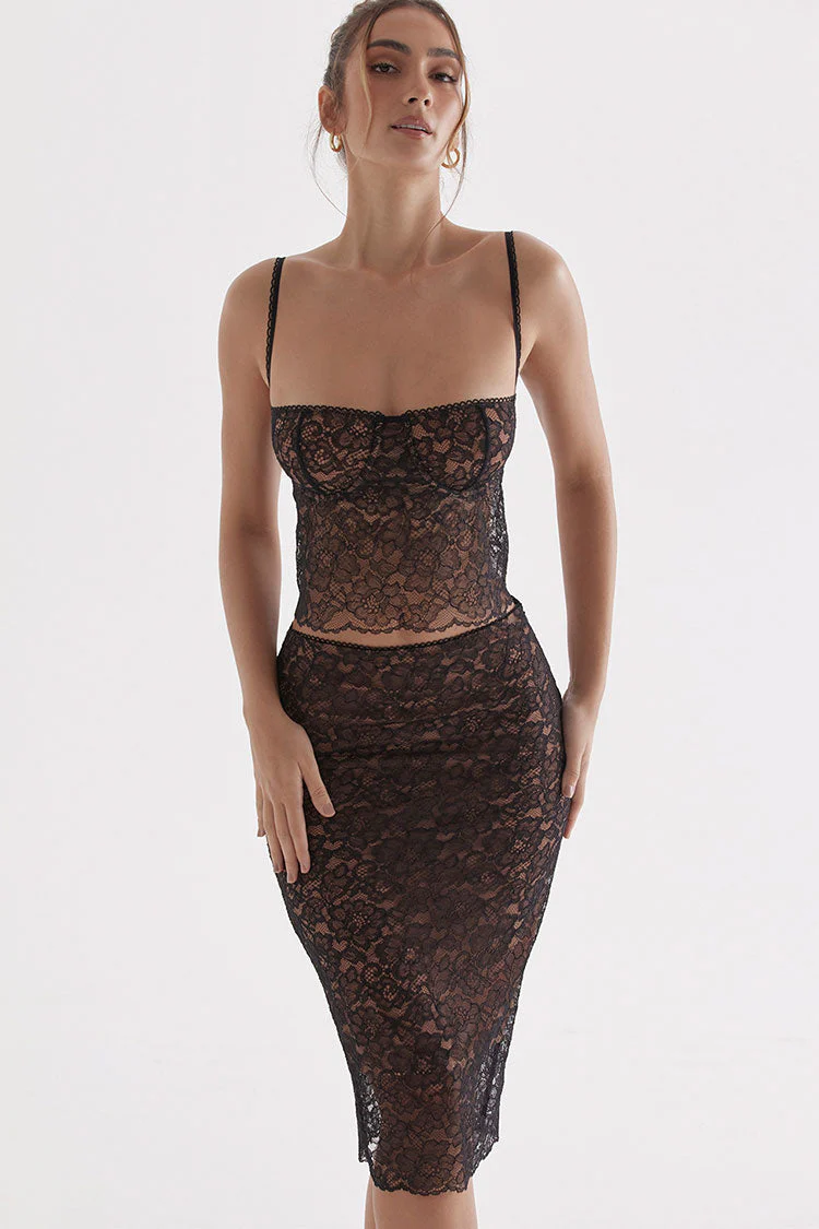 Scalloped Floral Lace Bra Top Midi Skirt Two Piece Dress - Black - Image 3