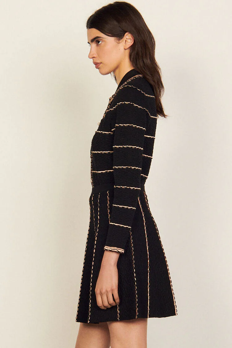 Scalloped Striped Cardigan Knit Skirt Two Piece Mini Dress - Black - Image 3