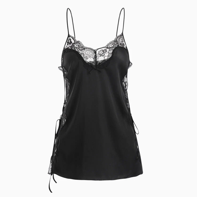 Lace Up Side Spaghetti Strap Lace Trim Slip Chemise - Black - Image 3
