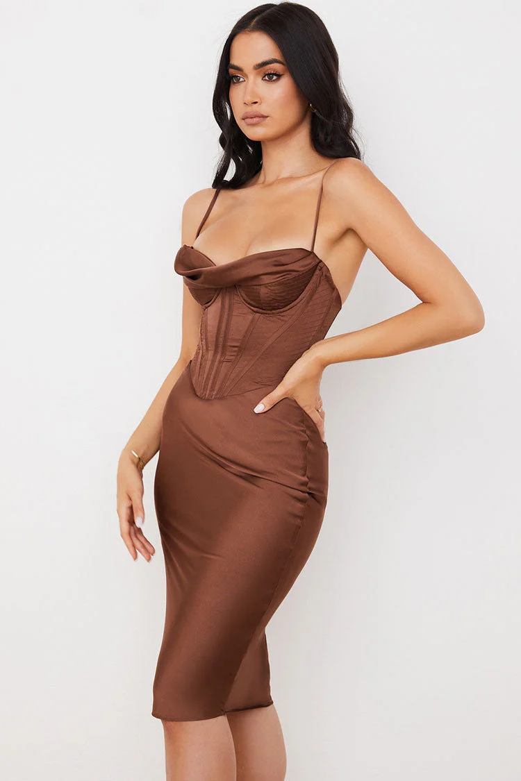 Silky Cowl Neck Corset Satin Midi Cocktail Dress - Coffee - Image 3