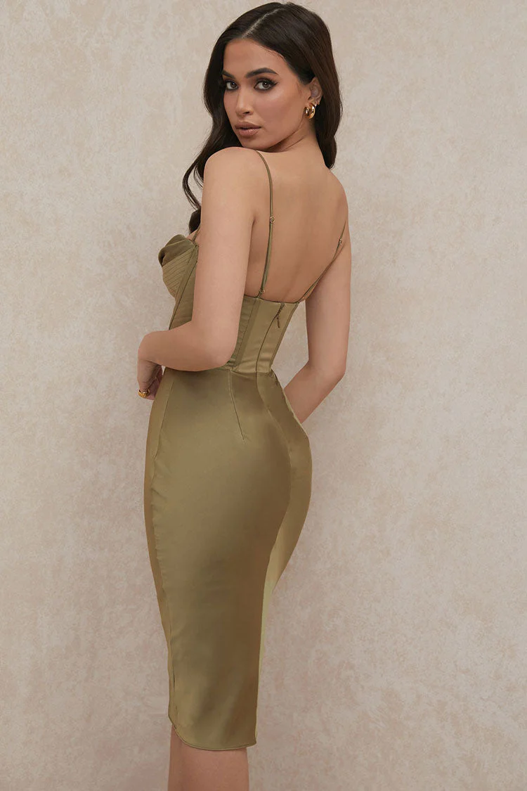 Silky Cowl Neck Corset Satin Midi Cocktail Dress - Green - Image 3