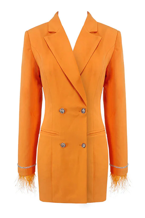 Sparkly Feather Trim Long Sleeve Cutout Back Blazer Mini Dress - Orange - Image 4