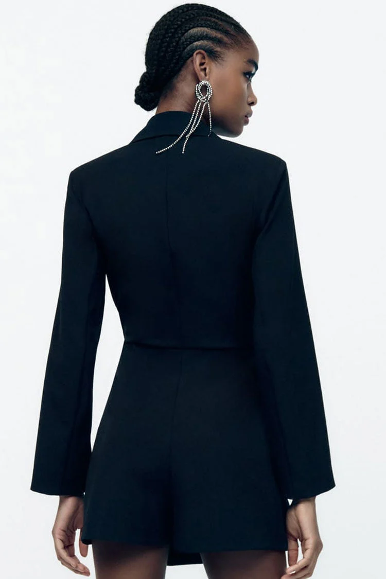 Sparkly Fringe Trim Lapel Collar Long Sleeve Blazer Romper Mini Dress - Black - Image 3
