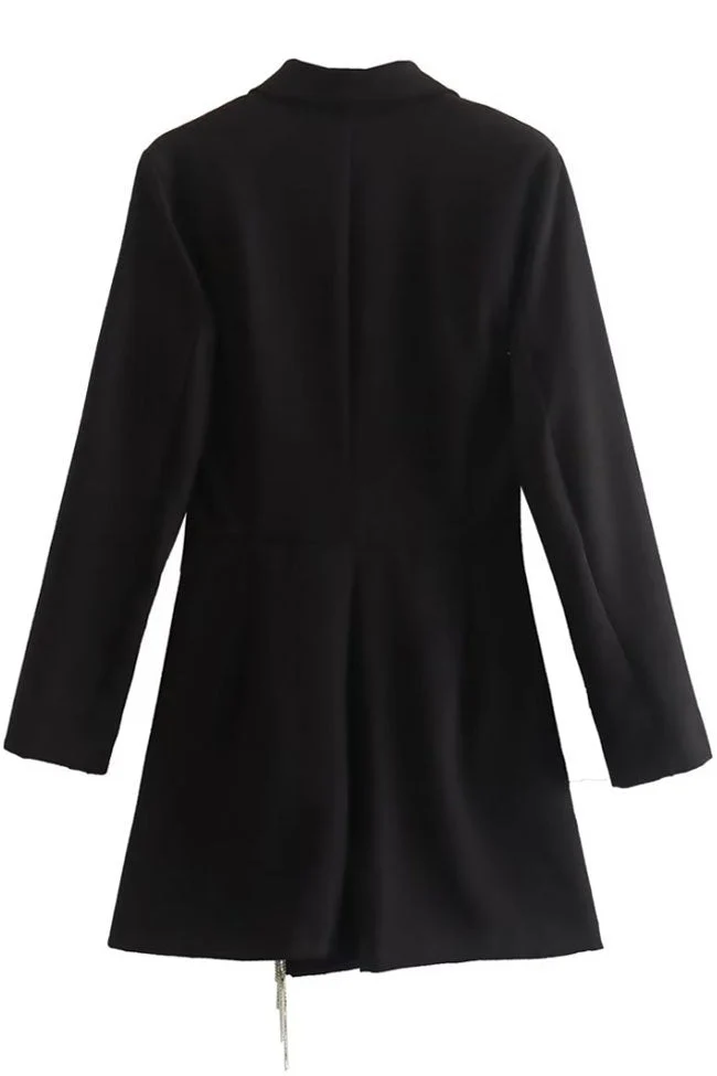 Sparkly Fringe Trim Lapel Collar Long Sleeve Blazer Romper Mini Dress - Black - Image 4