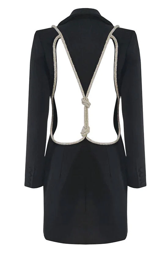 Sparkly Rhinestone Rope Cutout Back Lapel Blazer Mini Dress - Black - Image 4