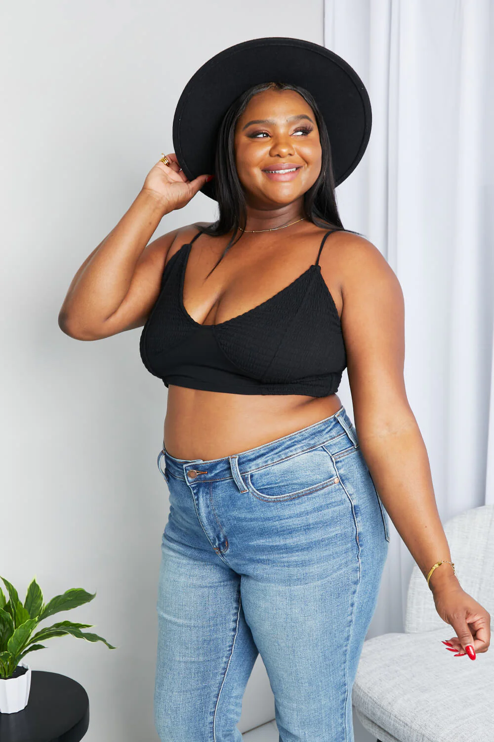 Zenana Full Size Textured Spaghetti Strap Bralette in Black - Image 3